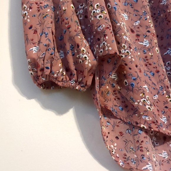 Suzanne Betro High Low Floral Mauve Dusty Rose Tunic Smocked Mini Dress Medium - Picture 4 of 7